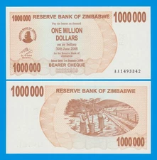 Zimbabwe 1 Million Dollars P 53 2008 UNC 1,000,000 New Uncirculated "AA" 1000000