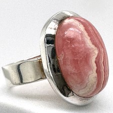 Cool Banded Pink Rhodochrosite Bezel Ring SIZE 5.75 in Sterling Silver, 7.1g