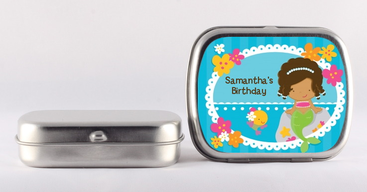 Personalized Mermaid African American Mint Tin Stickers for Party Favors  