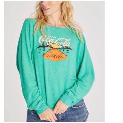 NWT Women $88 WILDFOX Travel Refreshed Graphic Sweatshirt In Hollywood Green S