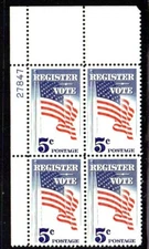 #1249 - 5¢ Register and Vote Issue - MNH Plate Block 4