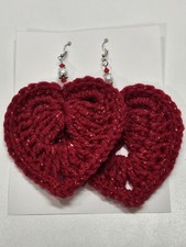 Handmade Crochet Beaded Heart Earrings - Statement Dangle Jewelry, Boho Gift