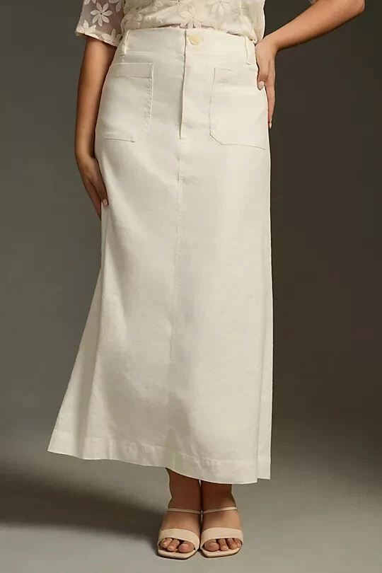 Anthropologie 2X The Colette Maxi Skirt Linen Edition White Maeve Plus Size NWT