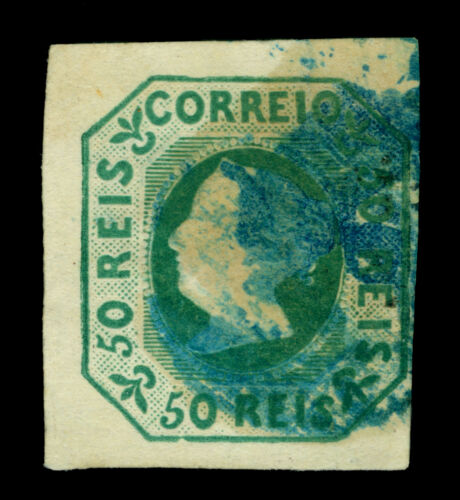 PORTUGAL 1853 Queen Maria 50reis blue green shade Scott# 3a used VF w/ Cert. - Picture 2 of 4