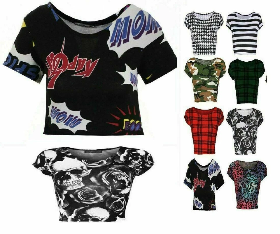 Womens Cap Sleeve Crop Top Ladies Round Neck Stretch Plain Vest T Shirt  - Image 2 of 2