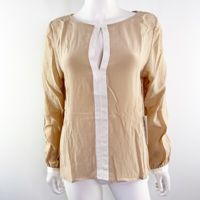 Sjobeck Top Tan AMAL Blouse Size L Long Sleeve Keyhole with Split Back New