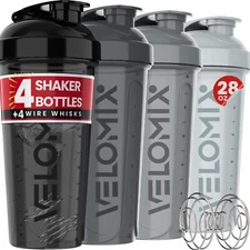 -4 PACK- 28 oz Protein Shaker Bottle for Protein Mixes - 4x Wire Whisk | Leak...