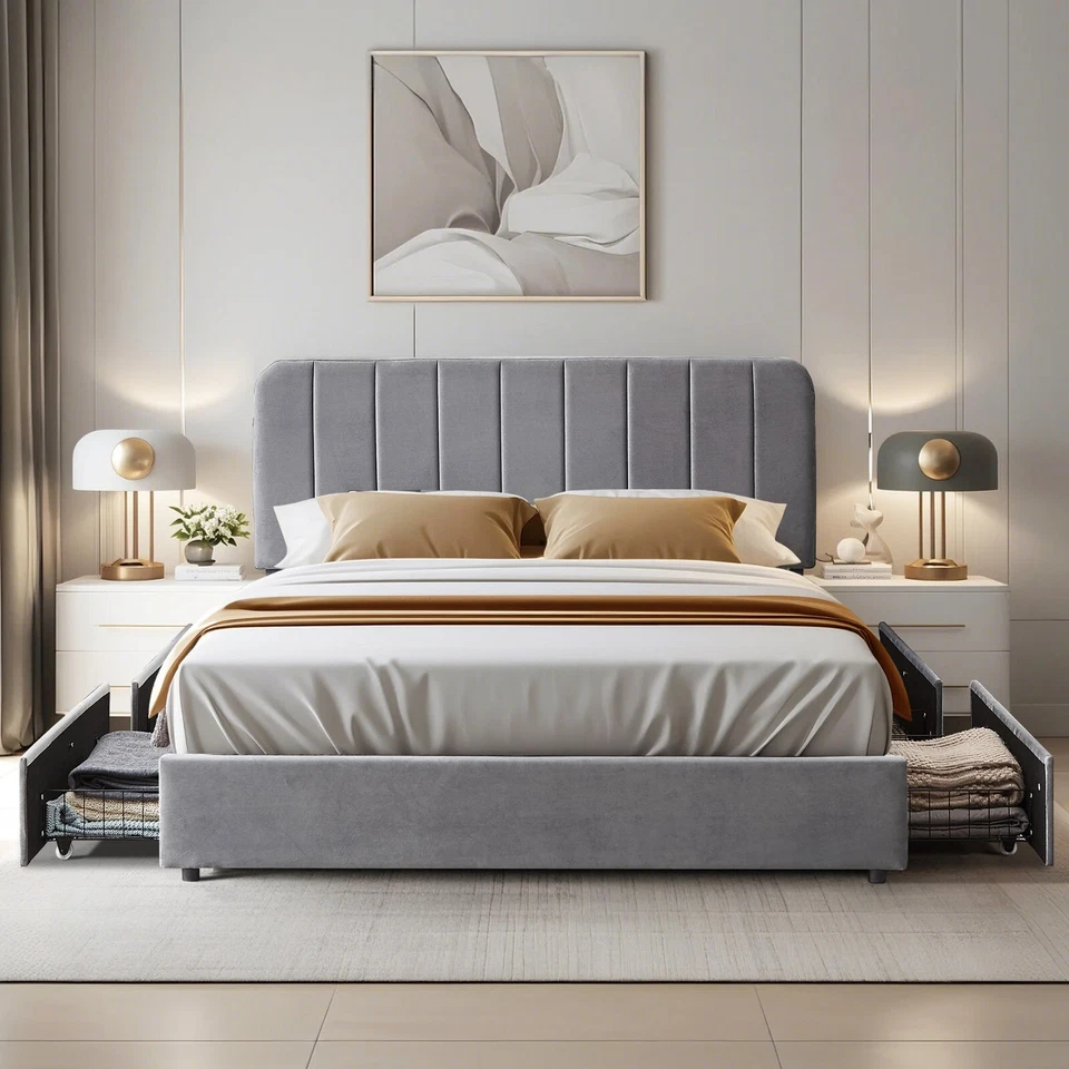 Upholstered Bed Frame + 4 Storage Drawer Platform Queen Full Size with Headboard - Image 2 of 4