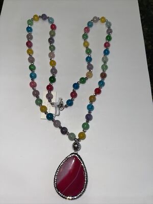 Iris & Lily Silver London Colorful Genuine Agate Necklace Rhinestone Pendant