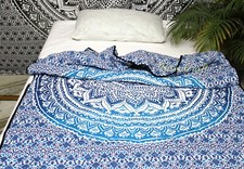 Blue Ombre Mandala Twin Quilt 100 Cotton Filled Single Quil, Reversible Blanket
