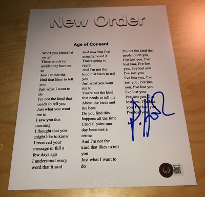 Peter Hook New Order Bassist Age of Consent Signed Lyric Sheet Beckett