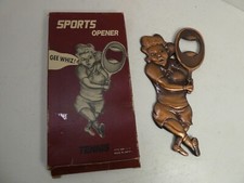 VINTAGE TENNIS PLAYER STATUE FIGURINE HANDLE CAST COPPER METAL BOTTLE OPENER