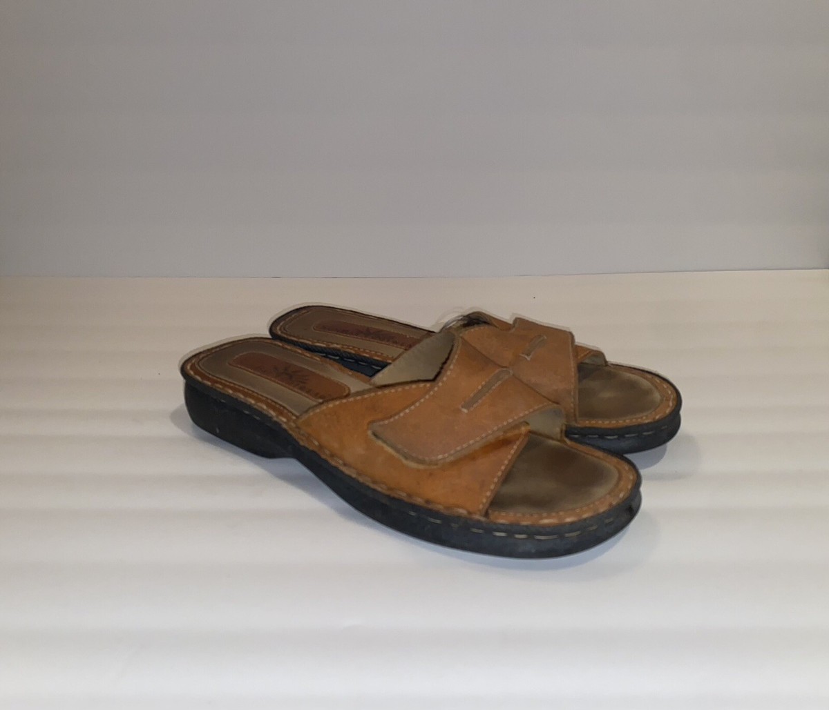 SunBay Footwear Womens Brown Leather Slip On Sandals Open Toe Size