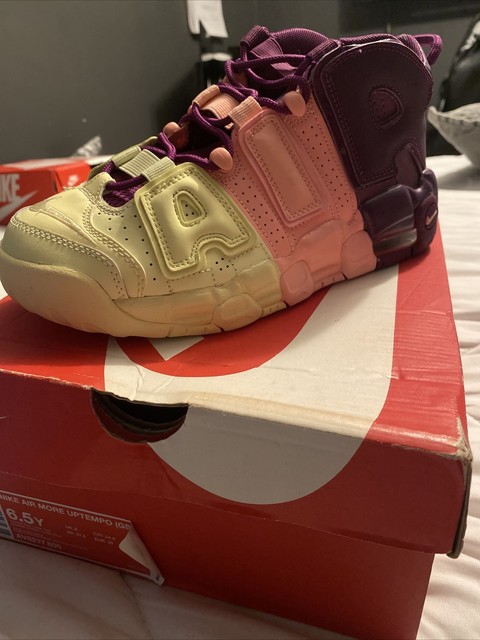 nike uptempo yellow pink purple