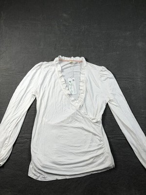 Boden Blouse Womens 14 White V Neck Long Puff Sleeve Ruffle Jersey Top NWT