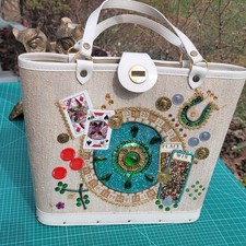 Rare VTG Mod 1960s Bejeweled Purse Handbag Wooden Bottom Enid Collins Style