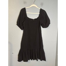 J. Crew Black Smocked Puff Sleeve Mini Dress Square Neck Ruffle Hem Medium