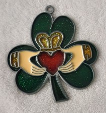 VTG. 4" Irish Shamrock Claddagh Suncatcher Faux Stained Glass St Patrick's Day