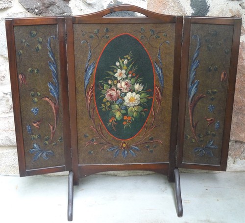 Antique Hand Painted Wooden Floral Folding Fireplace Screen F. B. M. Co Hoboken
