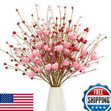 J'FLORU 24 Pink Heart Berry Picks w/Red Berries - Valentine's Day Wedding Decor