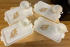 Vintage SNACK SET Golden Wheat Milk Glass 4 cups & 4 serving trays 1950s   Y0156