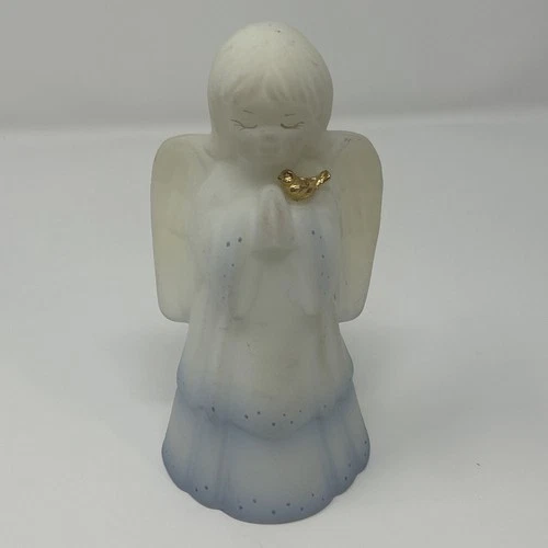 Vtg Fenton Girl Angel Figurine Satin Art Glass HandPainted Blue Gold Bird Signed