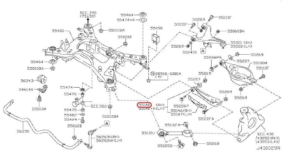 Suspensión trasera delantera inferior derecha Nissan Infiniti genuina 551a0-1ba0a oem Foto 2 de 2
