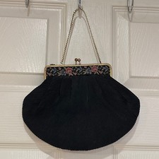 Vintage Black Pleated Evening Bag Floral Tapestry Gold Frame Kiss Lock Clutch