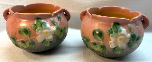 Pair Antique ROSEVILLE Pink/Green White Rose 6" Jardinieres-#653