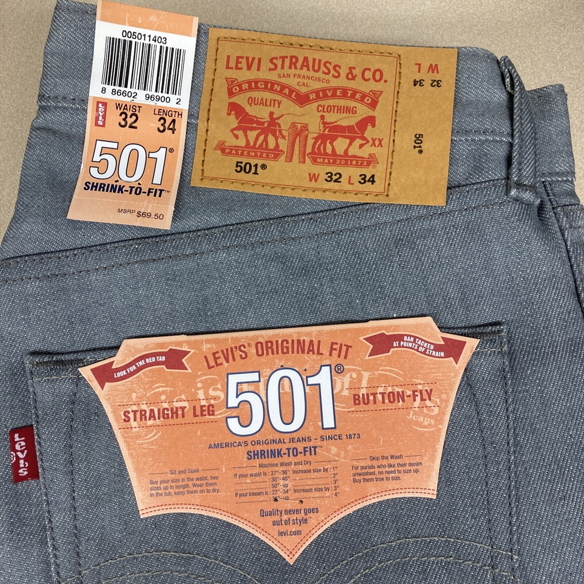 NWT Levi's Gray 501 Button Fly Denim Straight Leg Jeans