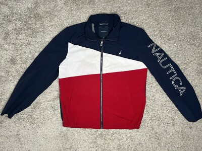 Nautica Classic Jacket Mens Medium Navy Blue Red Spellout Logo