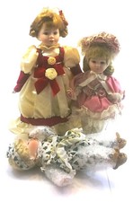 Lot of 3 Vintage Porcelain Dolls Soft Bodies and 2 w/ Doll Stand 13" 15" 17"
