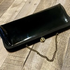 Vintage Patent Leather Clutch Purse Shoulder Bag Black Classic Gold Chain Nice 