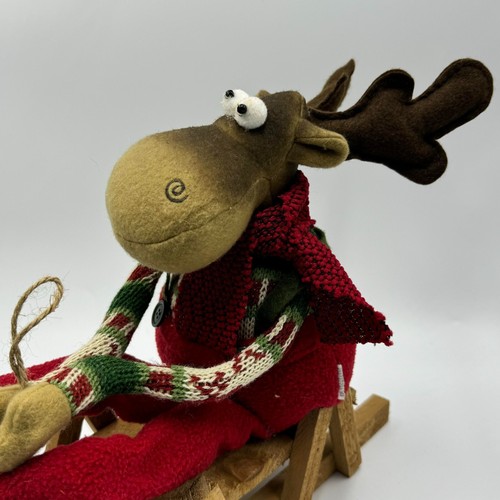 Christmas Plush Moose Reindeer on Brown Wooden Sleigh Holiday Decor - Picture 7 of 13