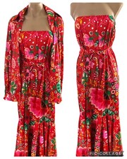 Vintage 60s 70s BALI SWIM Mermaid Dress LS Shirt Coverup Red Floral Set S M L