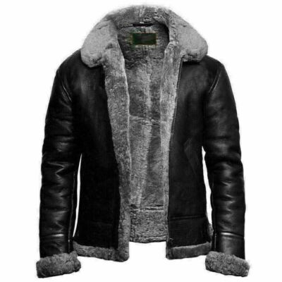 RAF Aviator Black B3 Bomber Grey Fur Collar Genuine Sheepskin Leather Jacket-