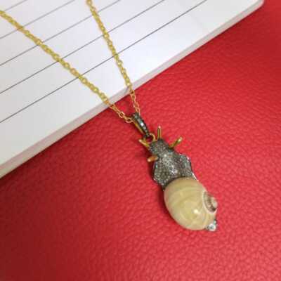 ONE OF A KIND Natural Fresh water Seashell Snail Pendant Pave Diamond 925 Silver