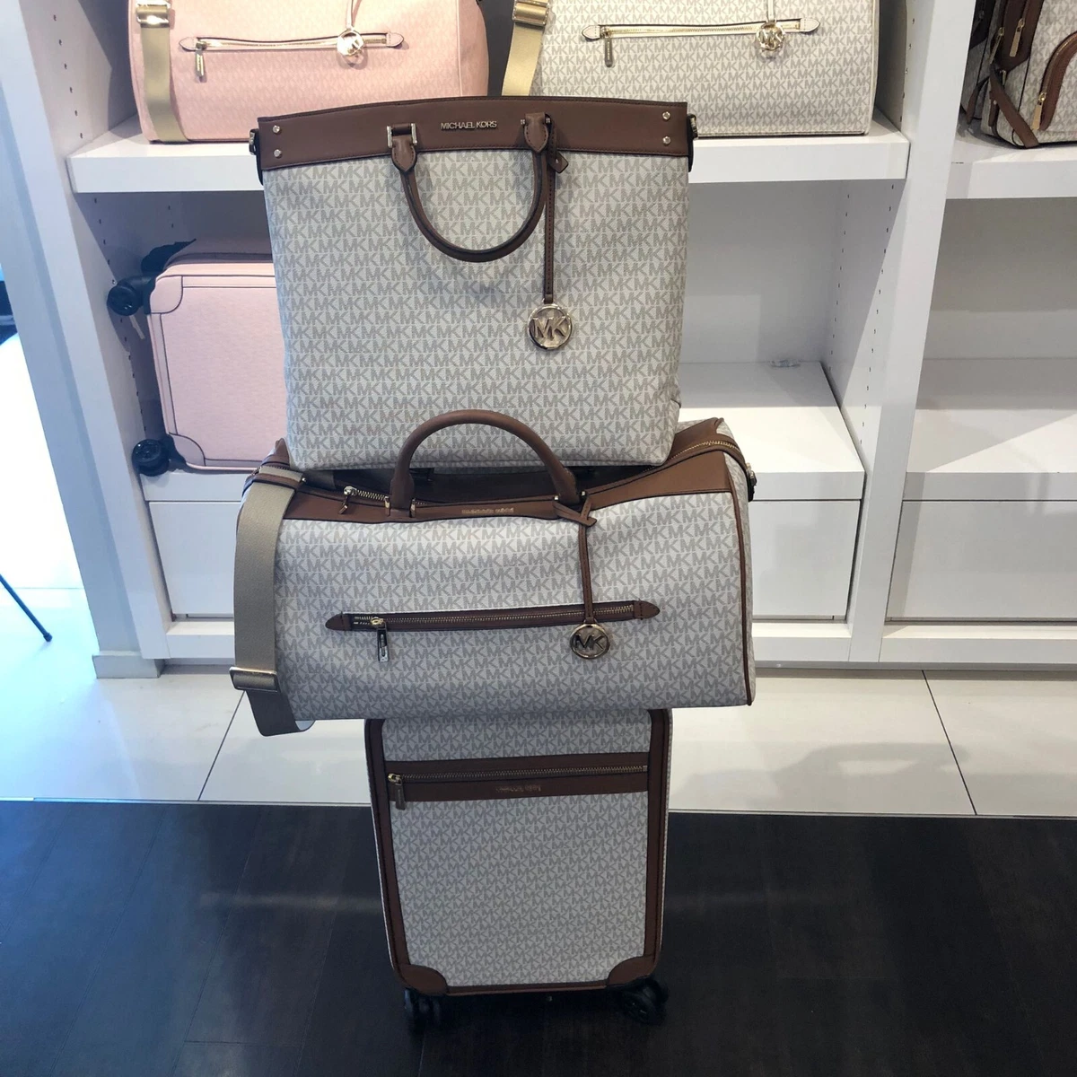 Michael Kors Logo Rolling Travel Trolley Suitcase Carry On Bag - VANILLA+ 2 BAGS