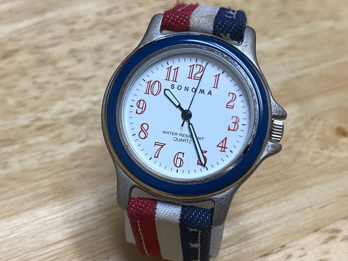 Sonoma Quartz Watch Men Silver Blue Leather Fabric Band Japan Movt