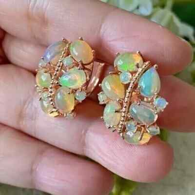 2.50Ct Oval Natural Fire Opal Flower Huggie Hoop Earrings 14K Yellow Gold Plated