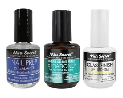Mia Secret Nail Prep 0.5oz, Xtrabond Primer 0.5oz, Glass Finish UV-LED Gel 0.5oz
