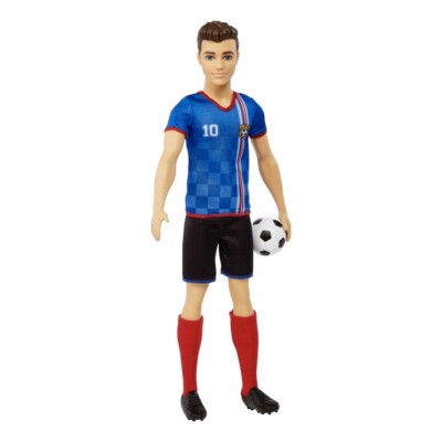 Barbie HCN15 - Ken Fußballspieler mit Ball - Puppen-Mann, brünette Haare 