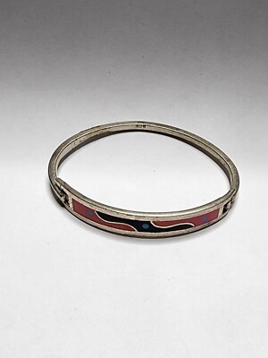Vintage Mexico 925 Sterling Silver Pink Enamel Wave Hinged