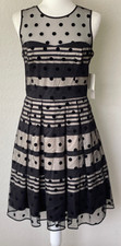 NWT ELIZA J Fit & Flare Tuille Polka Dot Mesh Pleated Lined Dress Wms 8 *READ*