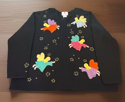 VTG QUACKER FACTORY Wool Black Zip Front Appliqué Felt Angels Bead Accents SZ 2X