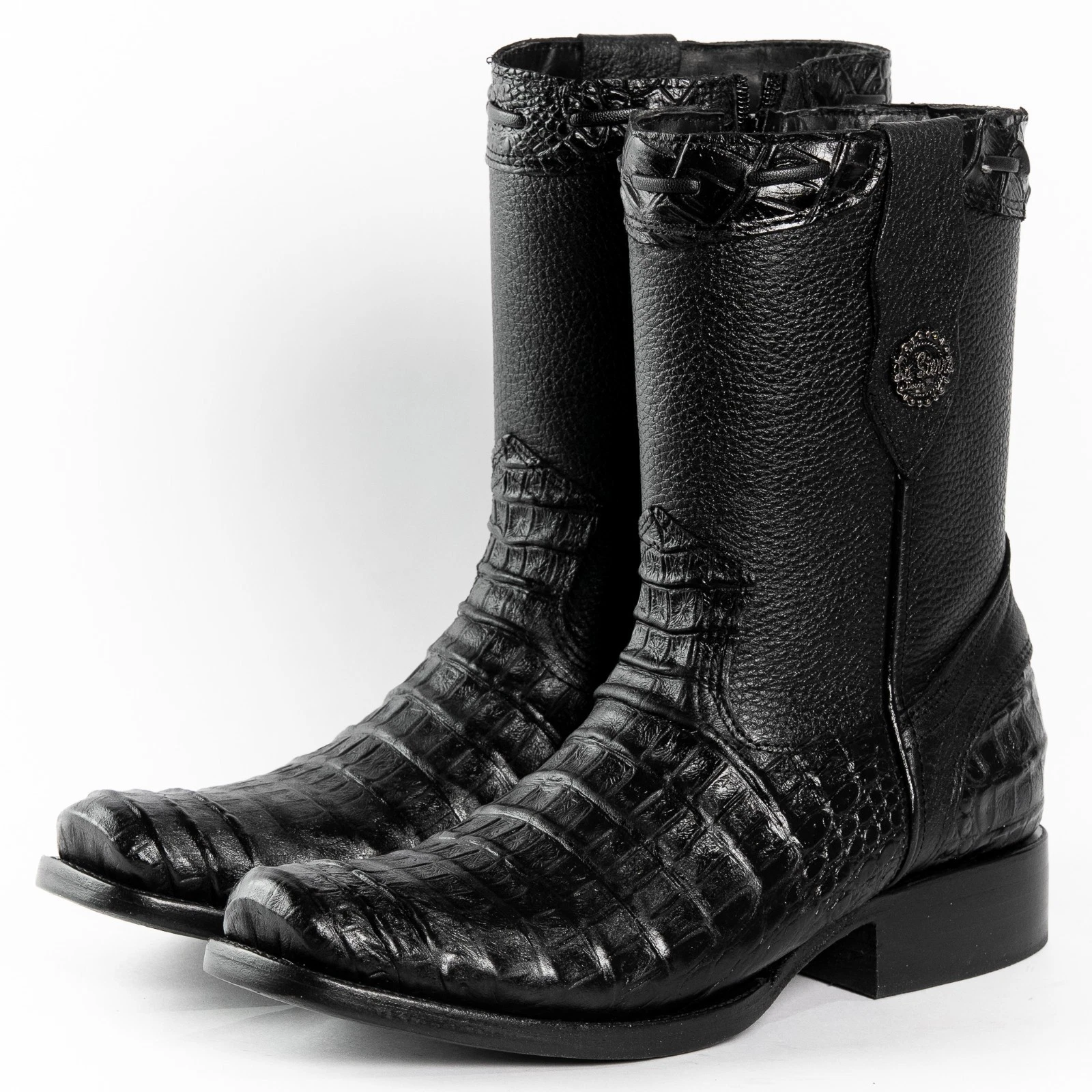 Genuine Leather Caiman Alligator Print Dubai Square Toe Western Boots - Black