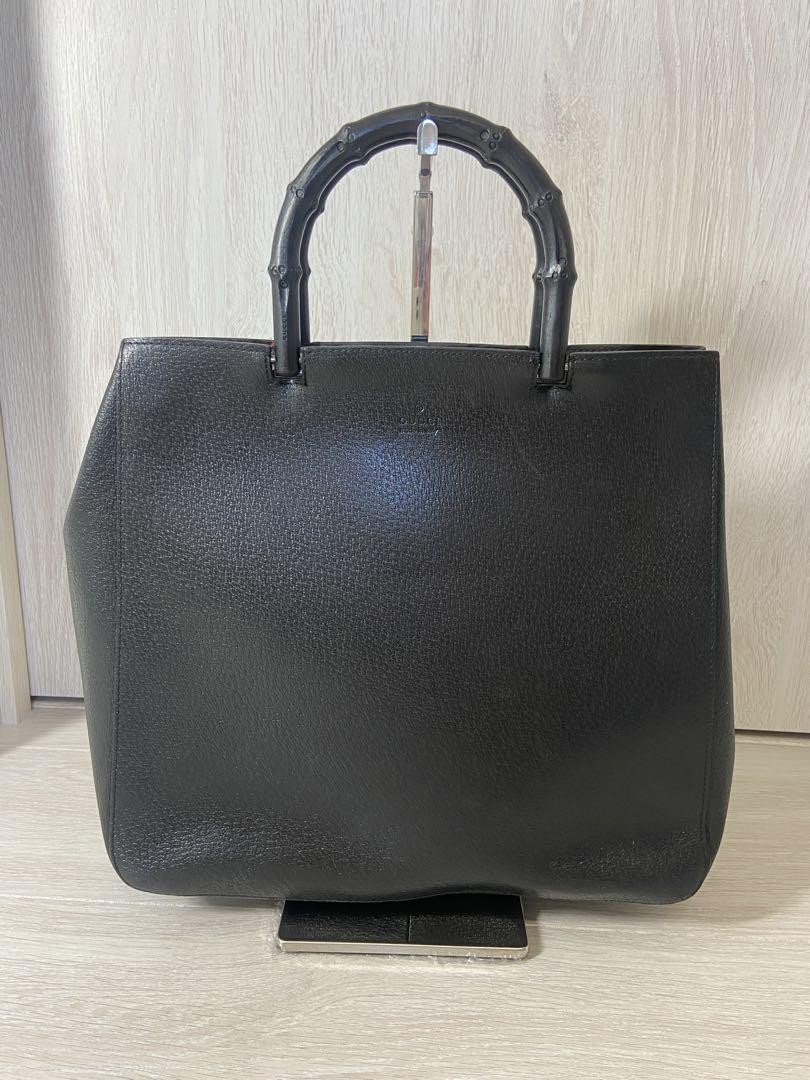 Gucci Black Leather Bamboo Tote Bag with Logo Printing