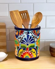 Utensil Holder For Counter, Large Utensil Crock, Talavera Mexican Pottery, Me...