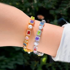 Boho Adjustable CZ Colorful Square Round Baguette Geometric Pearl Long Bracelet