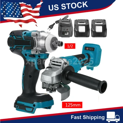 18V Tools Combo Kit 1/2" Impact Wrench &125mm Angle Grinder+2 Battery For Makita